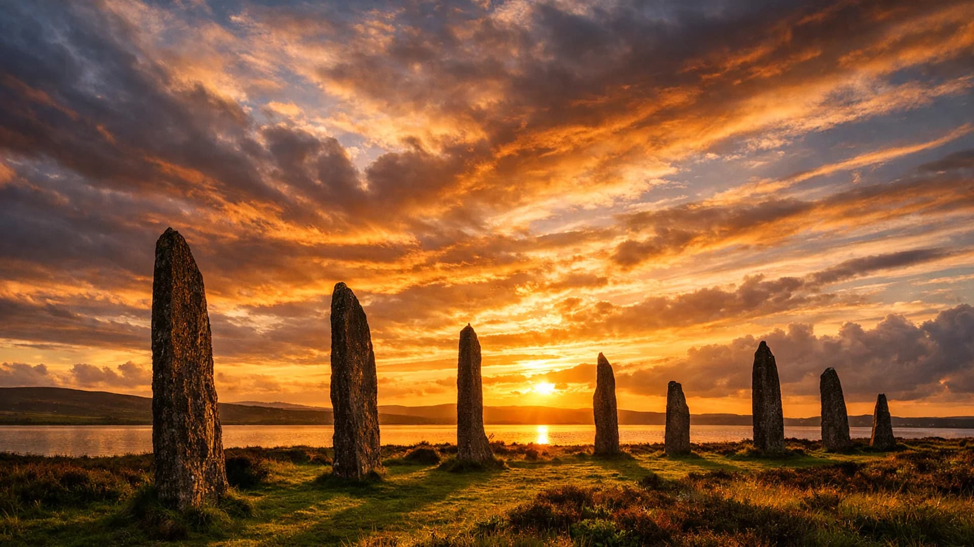 Ring of Brodgar standing stones in Orkney at golden hour
